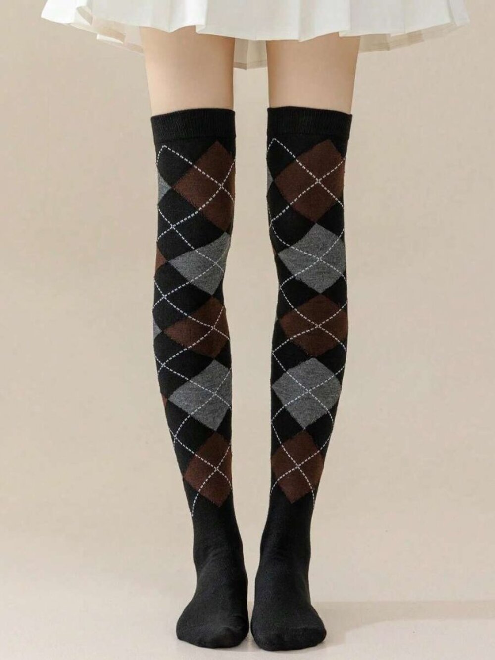 Women's Argyle Diamond Plaid Black Brown Grey Over The Knee Thigh High Socks